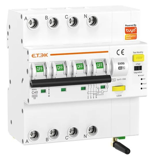 Умный диф. автоматический выключатель  ETEK EKR0 3P+N C63A 10kA Тип A 30мА WiFi без измерения параме | Е-Энерджи