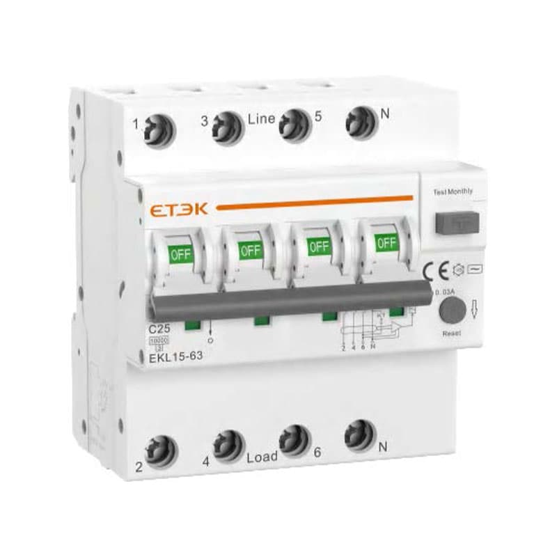 Автоматический выключатель с дифференциальной защитой ETEK EKL15-63 3P+N 25A 30mA кривая С тип A 10kA | Е-Энерджи