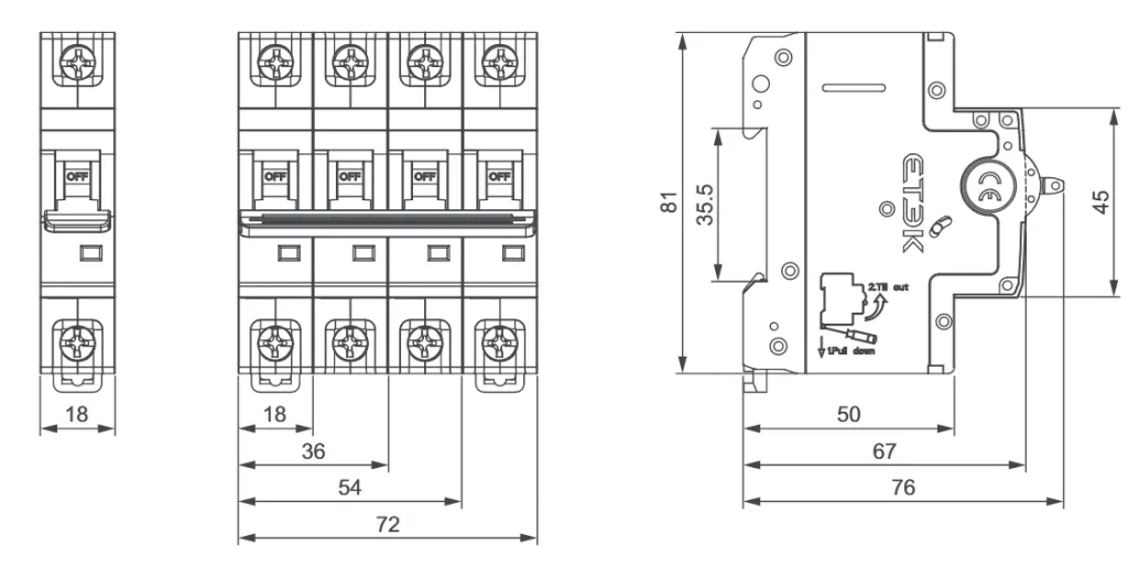 Выключатель ETEK ETM1-63UH 1P 6A 15kA Размеры
